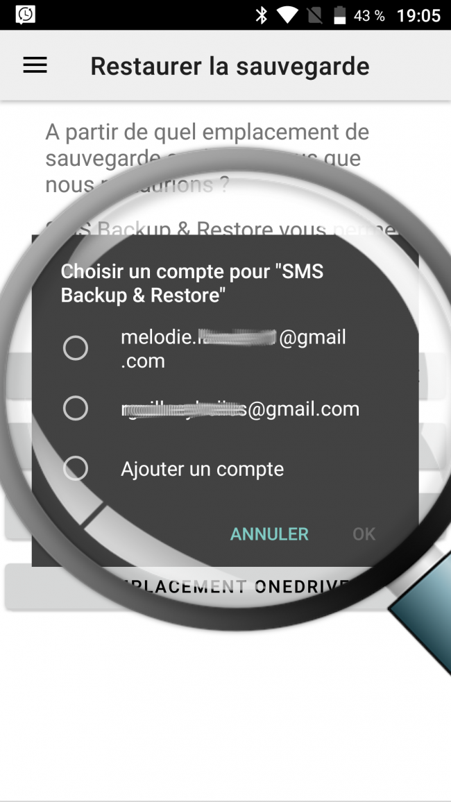 sélectionner le compte de restauration