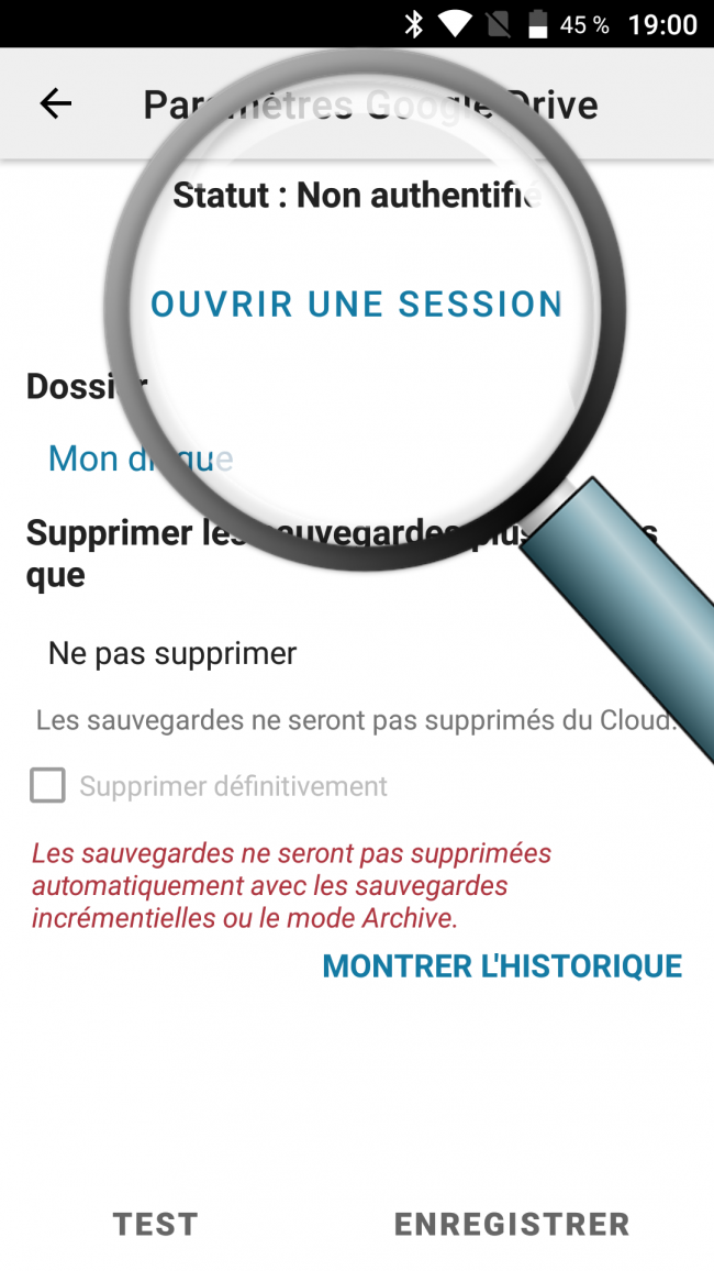 ouvrir une session de sauvegarde