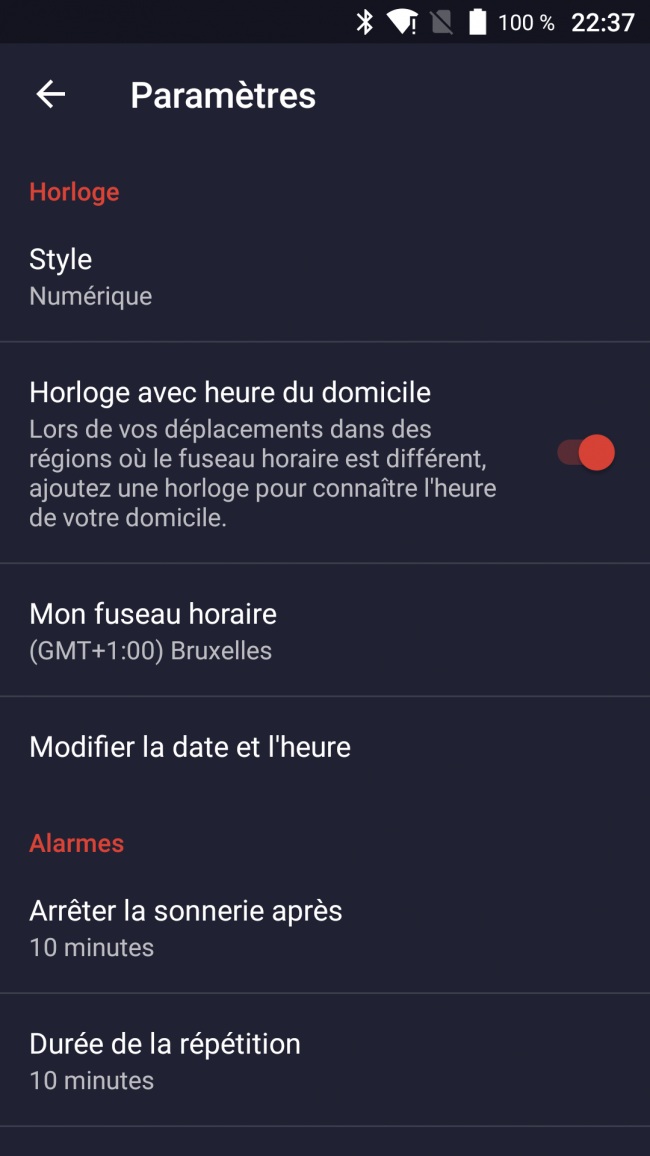 paramètres de l'application réveil