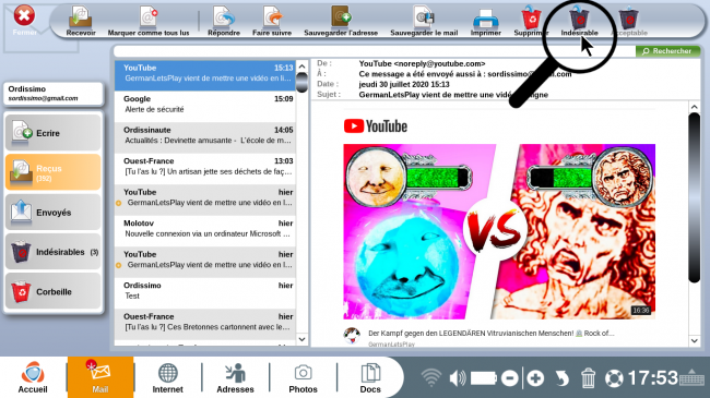 Cliquez sur l'icone indésirable pour marquer ce courrier en indésirable