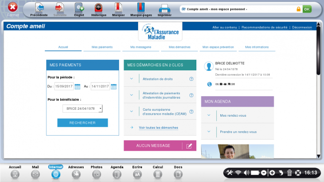 page d'accueil du compte ameli