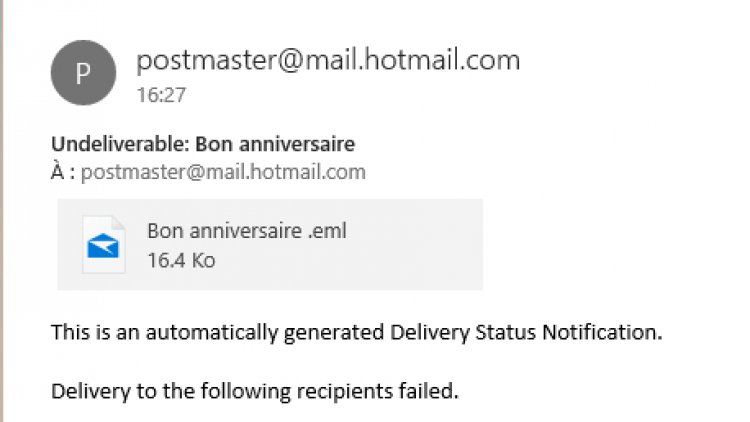 Vous écrivez votre email et, à peine l'email envoyé il vous revient dans votre boite de messagerie avec comme expéditeur "Mailer Daemon" ou "Mail Delivery System" ou "Delivery Notification Status". Mais pourquoi ? Voici une fiche technique vous expliquant d'où peut venir le problème et comment renvoyer votre email avec la bonne adresse email. Suivez le guide...
 