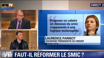 Retour sur l'instauration d'un salaire transitoire en dessous du Smic, avec Olivier Besancenot, membre de la direction du NPA et Emmanuel Lechypre, éditorialiste économique. Afin de permettre aux jeunes d'entrer sur le marché du travail, le président du Medef, Pierre Gattaz s'est prononcé mardi 15 avril pour l'instauration à titre "temporaire" d'un salaire "transitoire" inférieur au Smic. La FO juge cette proposition "indécente" et l'ancienne présidente du Medef Laurence Parisot dénonce une "logique esclavagiste".