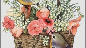 photo de panier contenant des roses avec des oiseaux