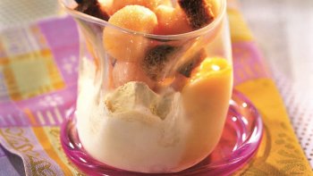 Dessert estivale plein de fraîcheur, facile et rapide à réaliser.( Pour vous simplifier la vie, découpez les melon en petits cubes ).